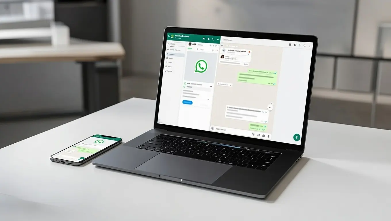 Laptop and smartphone showing business WhatsApp conversations for lead enquiries